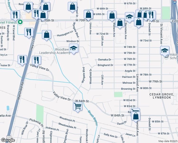map of restaurants, bars, coffee shops, grocery stores, and more near 7718 Woodfield Drive in Shreveport