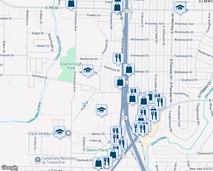 map of restaurants, bars, coffee shops, grocery stores, and more near 5220 Hartford Street in Abilene