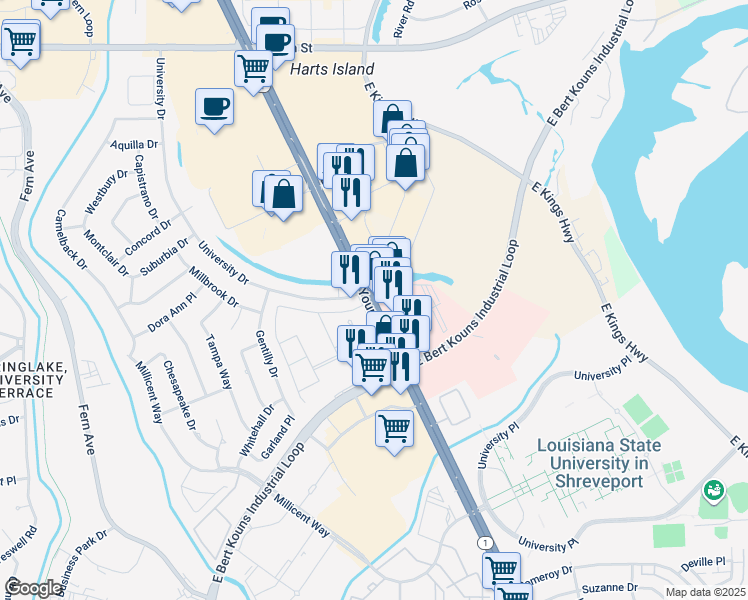 map of restaurants, bars, coffee shops, grocery stores, and more near 7651 Youree Drive in Shreveport