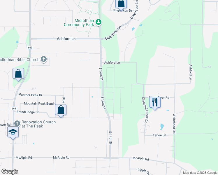 map of restaurants, bars, coffee shops, grocery stores, and more near 870 Ashford Lane in Midlothian