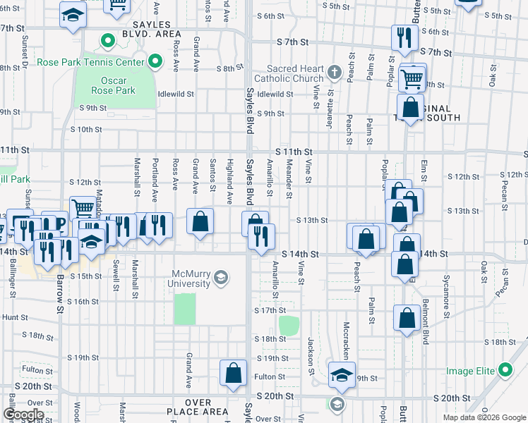 map of restaurants, bars, coffee shops, grocery stores, and more near 1302 Amarillo Street in Abilene