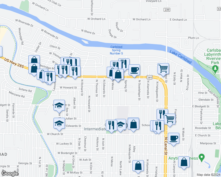 map of restaurants, bars, coffee shops, grocery stores, and more near 1054-1080 North Mesa Street in Carlsbad