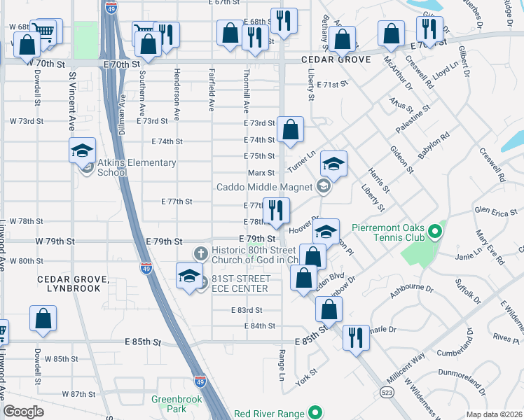 map of restaurants, bars, coffee shops, grocery stores, and more near 555 East 77th Street in Shreveport