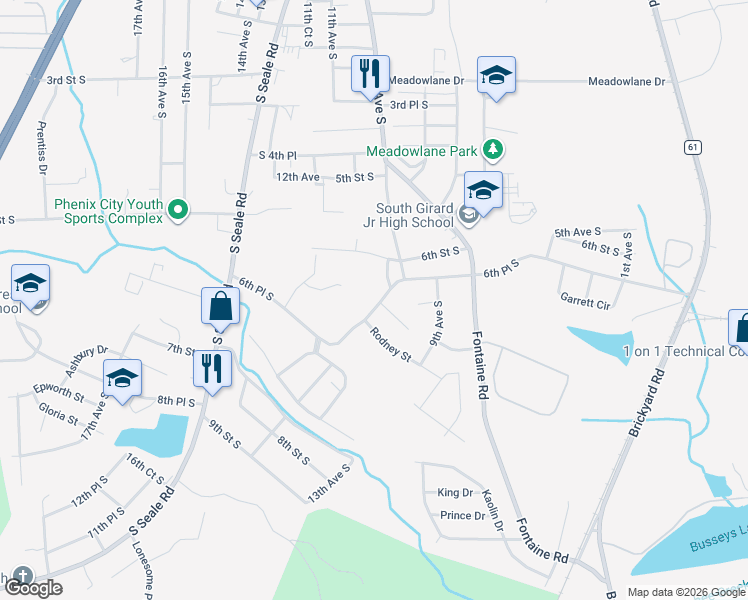 map of restaurants, bars, coffee shops, grocery stores, and more near 1016 6th Place South in Phenix City
