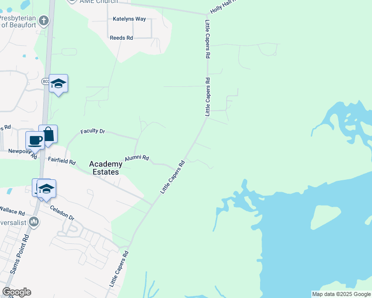 map of restaurants, bars, coffee shops, grocery stores, and more near 163 Little Capers Road in Beaufort