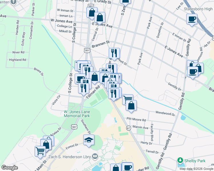 map of restaurants, bars, coffee shops, grocery stores, and more near 502 Fair Road in Statesboro