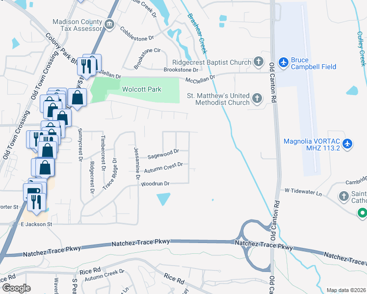 map of restaurants, bars, coffee shops, grocery stores, and more near 326 Sagewood Drive in Ridgeland