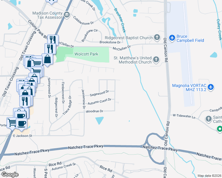 map of restaurants, bars, coffee shops, grocery stores, and more near 326 Sagewood Drive in Ridgeland
