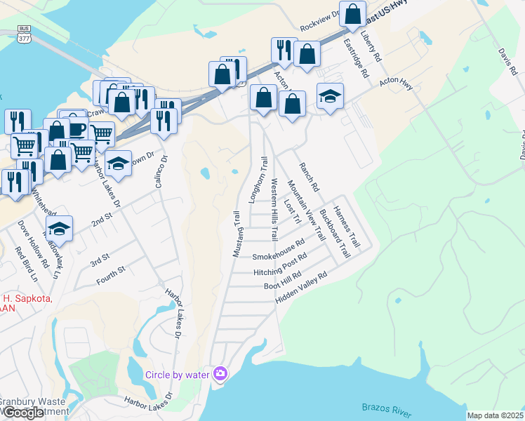map of restaurants, bars, coffee shops, grocery stores, and more near 1705 Rifle Road in Granbury