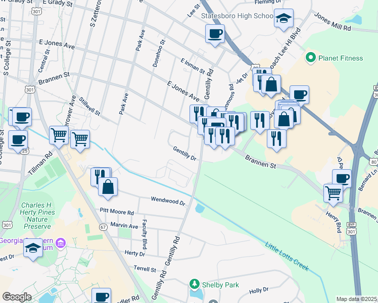 map of restaurants, bars, coffee shops, grocery stores, and more near 114A Prince Way in Statesboro