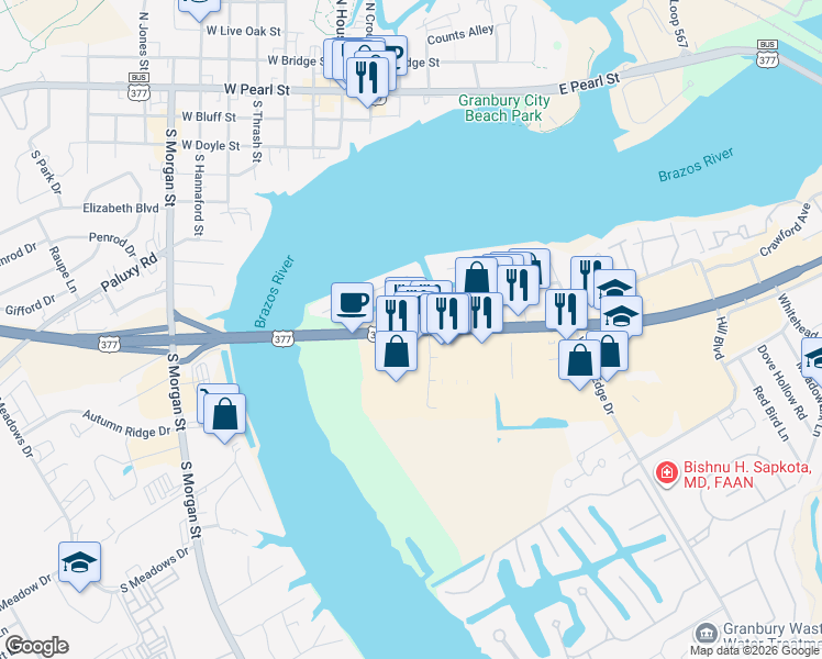 map of restaurants, bars, coffee shops, grocery stores, and more near 300 U.S. 377 in Granbury