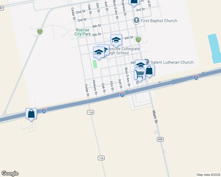 map of restaurants, bars, coffee shops, grocery stores, and more near 1104 Elm Street in Roscoe