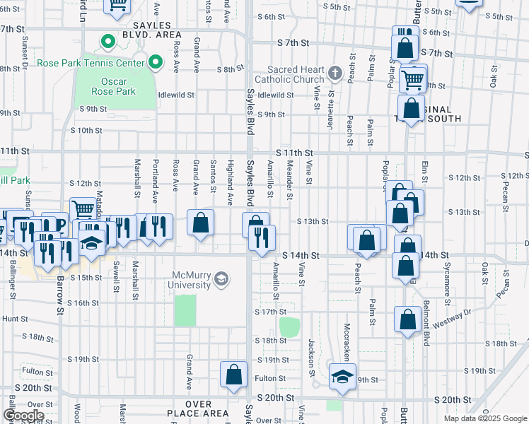 map of restaurants, bars, coffee shops, grocery stores, and more near 1302 Amarillo Street in Abilene