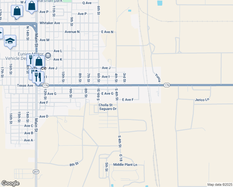 map of restaurants, bars, coffee shops, grocery stores, and more near 400 East Avenue G in Eunice
