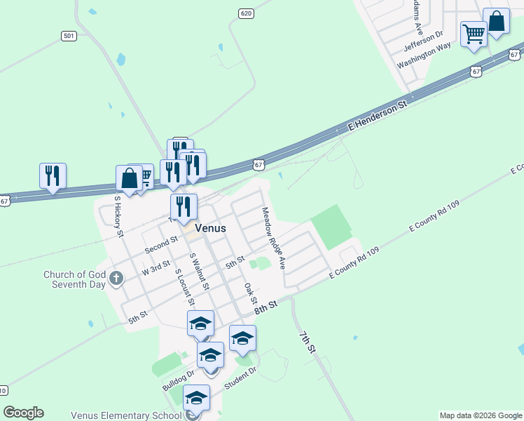 map of restaurants, bars, coffee shops, grocery stores, and more near 313 Newfield Street in Venus
