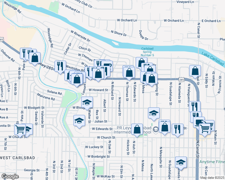 map of restaurants, bars, coffee shops, grocery stores, and more near 1030 North Richard Street in Carlsbad