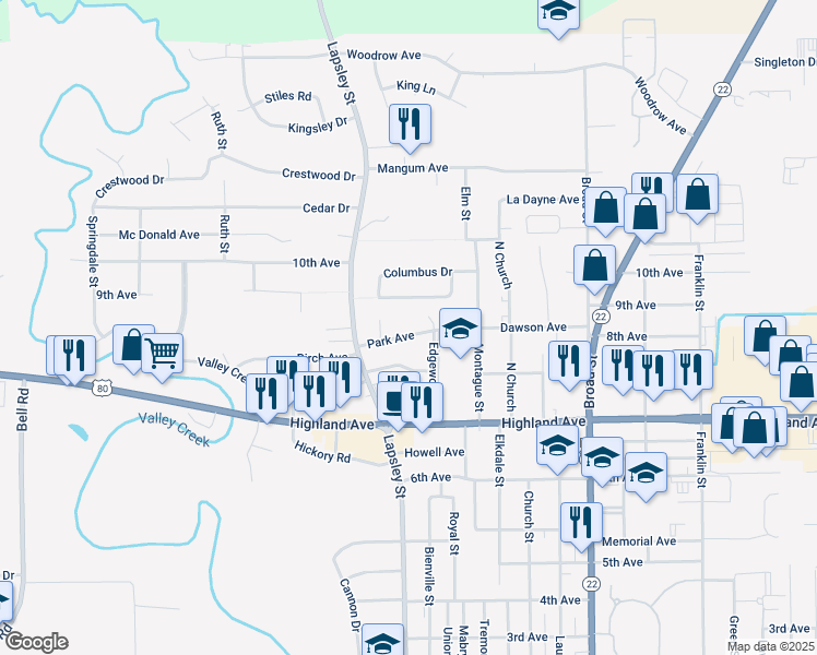 map of restaurants, bars, coffee shops, grocery stores, and more near 619 Park Avenue in Selma
