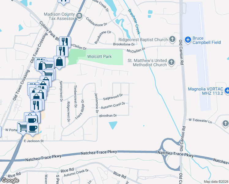 map of restaurants, bars, coffee shops, grocery stores, and more near 302 Arlington Circle in Ridgeland