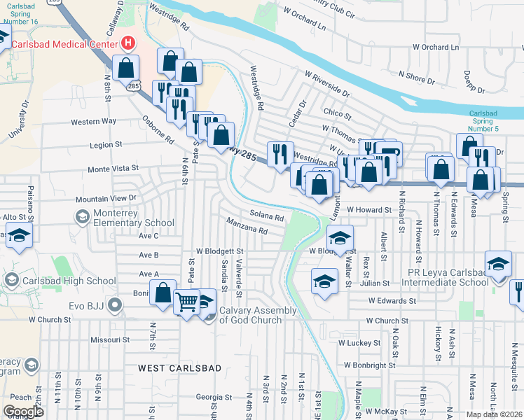 map of restaurants, bars, coffee shops, grocery stores, and more near 1904 Solana Road in Carlsbad
