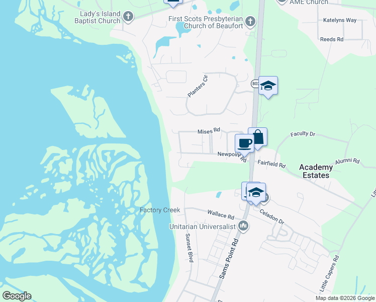 map of restaurants, bars, coffee shops, grocery stores, and more near 42 Newpoint Road in Beaufort