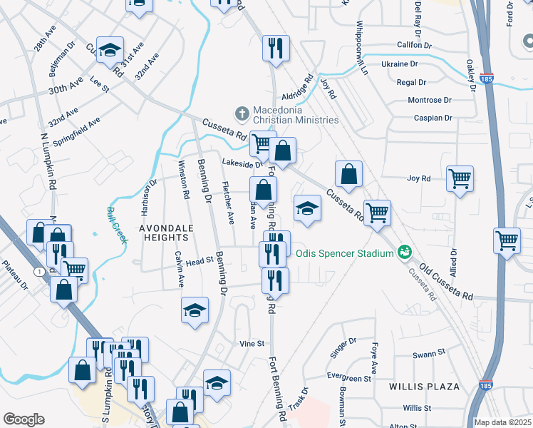 map of restaurants, bars, coffee shops, grocery stores, and more near 931 Fort Benning Rd in Columbus