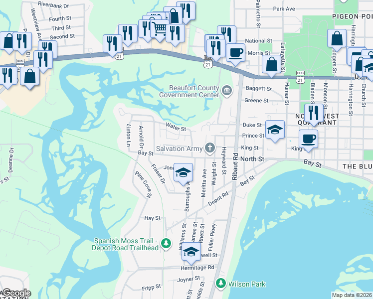 map of restaurants, bars, coffee shops, grocery stores, and more near 2704 Oaklawn Street in Beaufort