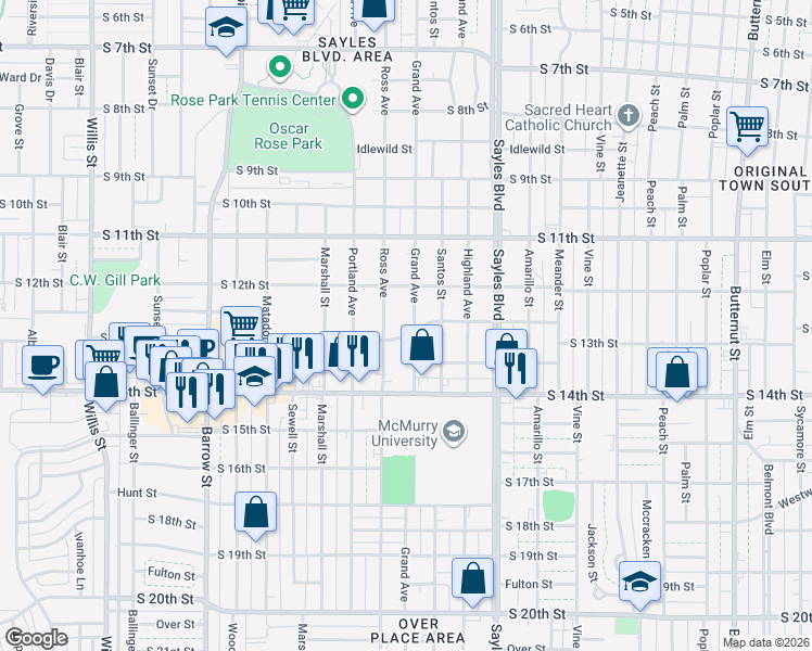 map of restaurants, bars, coffee shops, grocery stores, and more near 1250 Grand Avenue in Abilene