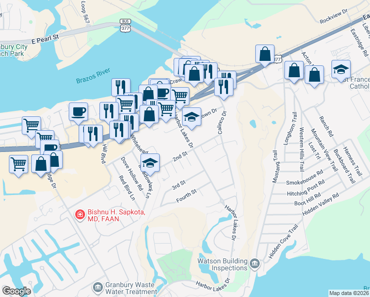 map of restaurants, bars, coffee shops, grocery stores, and more near 900 Harbor Lakes Drive in Granbury