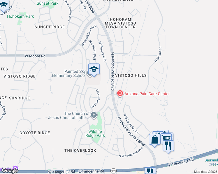 map of restaurants, bars, coffee shops, grocery stores, and more near 12595 North Pioneer Way in Oro Valley