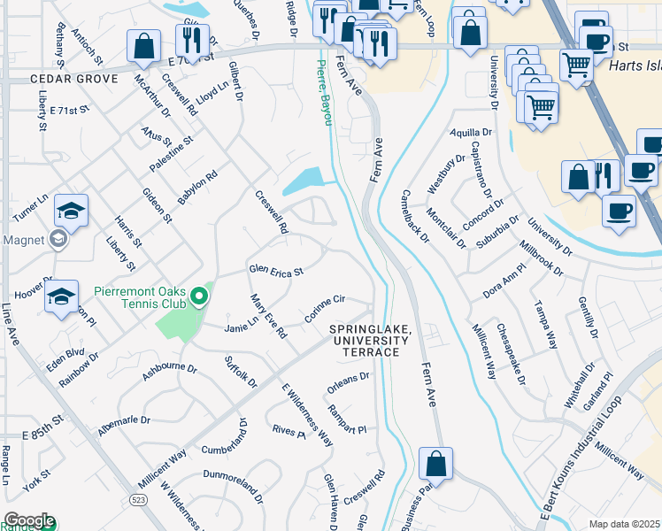 map of restaurants, bars, coffee shops, grocery stores, and more near 303 Glen Erica Street in Shreveport
