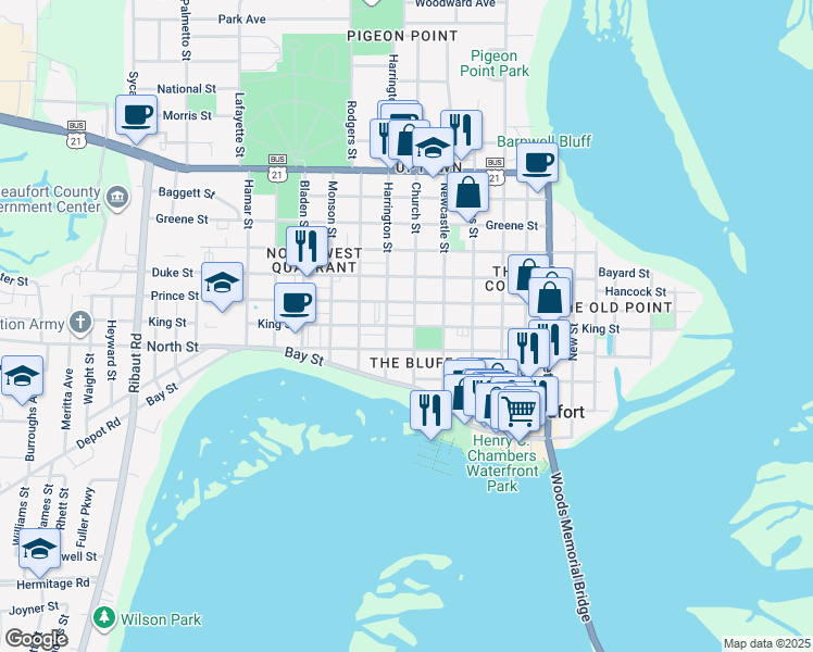 map of restaurants, bars, coffee shops, grocery stores, and more near 1211 King Street in Beaufort