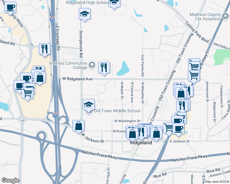 map of restaurants, bars, coffee shops, grocery stores, and more near 129 Hawthorne Vale in Ridgeland