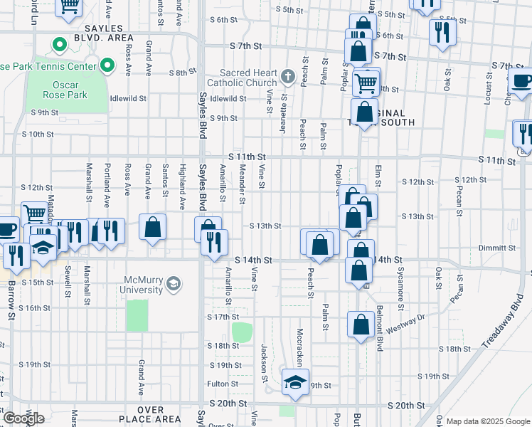 map of restaurants, bars, coffee shops, grocery stores, and more near 1265 Vine Street in Abilene