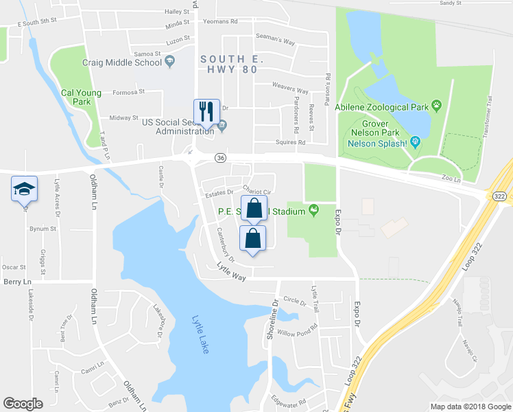 map of restaurants, bars, coffee shops, grocery stores, and more near 1226 Nottingham Road in Abilene