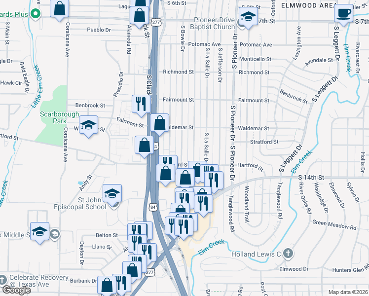 map of restaurants, bars, coffee shops, grocery stores, and more near 1337 South Bowie Drive in Abilene