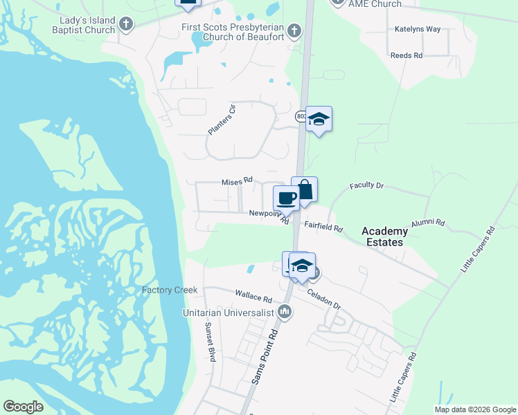 map of restaurants, bars, coffee shops, grocery stores, and more near 3 Fraser Street in Beaufort