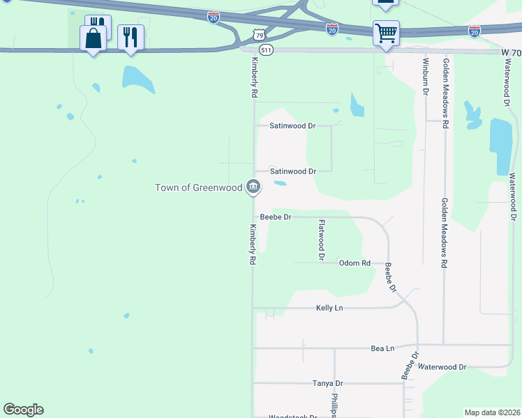 map of restaurants, bars, coffee shops, grocery stores, and more near 8470 Beebe Drive in Greenwood