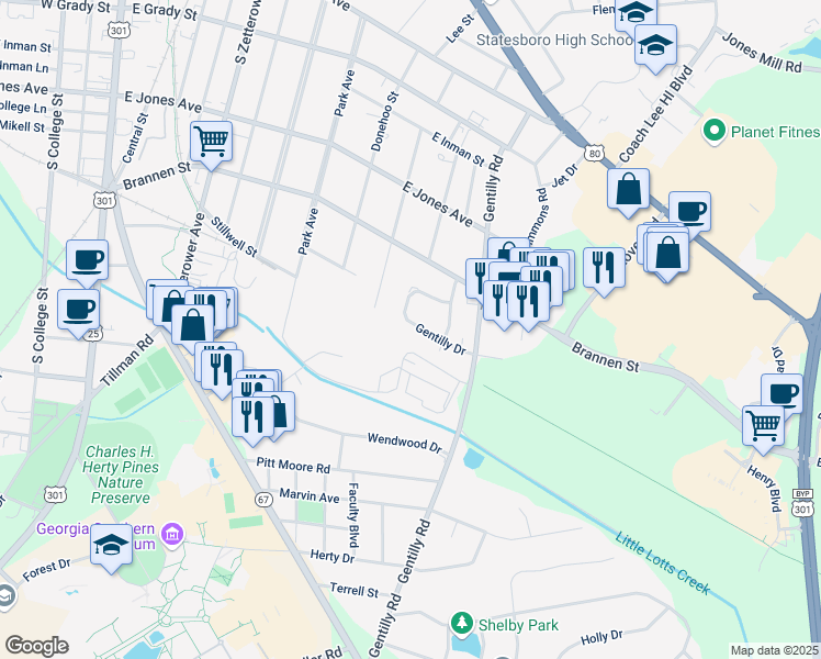 map of restaurants, bars, coffee shops, grocery stores, and more near 127 Gentilly Drive in Statesboro