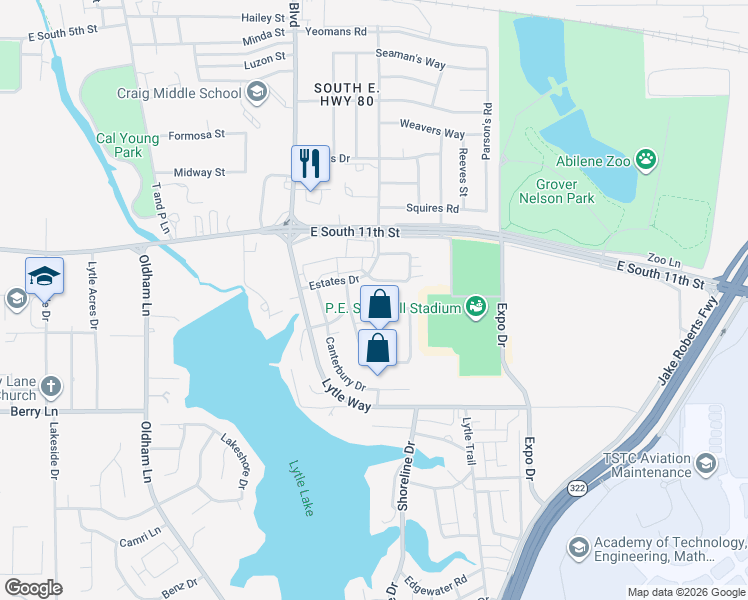 map of restaurants, bars, coffee shops, grocery stores, and more near 1226 Nottingham Road in Abilene