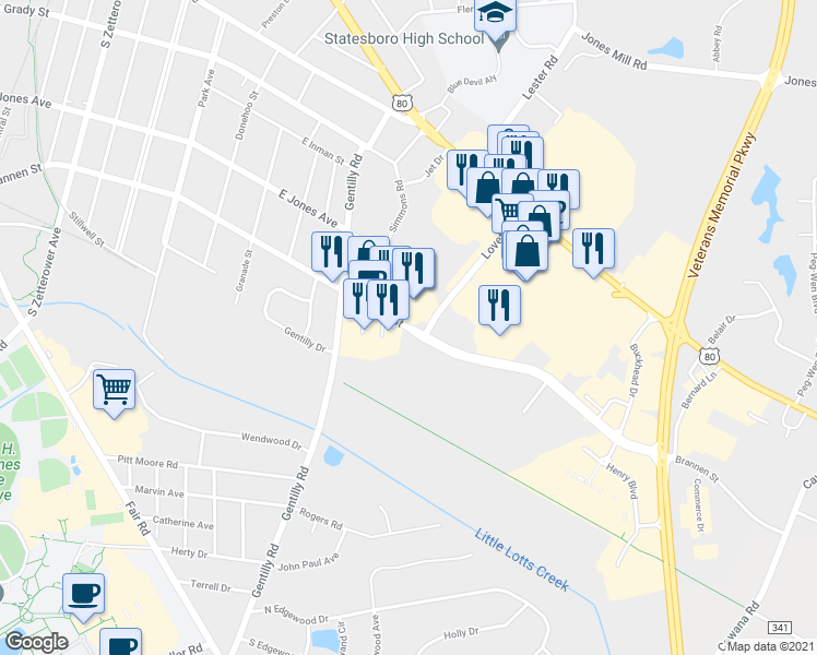 map of restaurants, bars, coffee shops, grocery stores, and more near Brannen Street in Statesboro