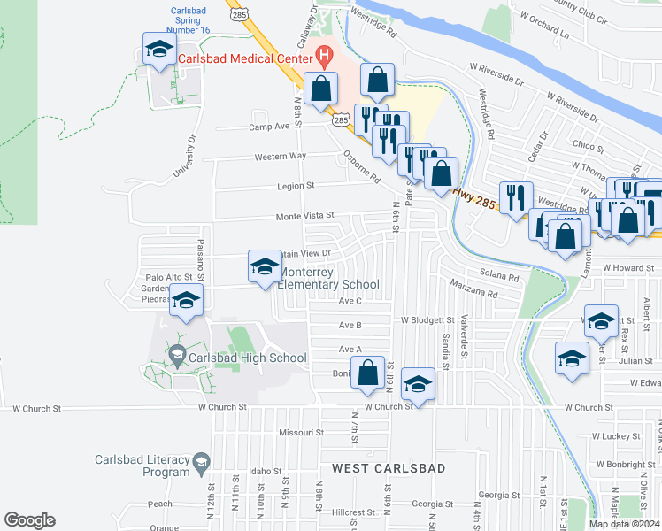 map of restaurants, bars, coffee shops, grocery stores, and more near 1016 Dogwood Lane in Carlsbad