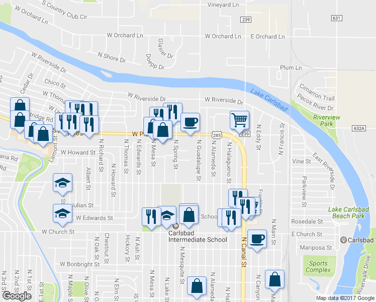 map of restaurants, bars, coffee shops, grocery stores, and more near 1020 N Spring St in Carlsbad