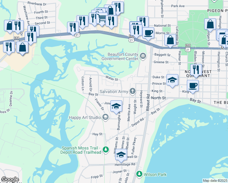 map of restaurants, bars, coffee shops, grocery stores, and more near 2710 Oaklawn Street in Beaufort