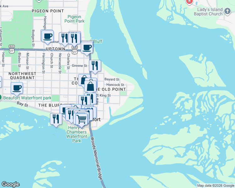 map of restaurants, bars, coffee shops, grocery stores, and more near 604 Pinckney Street in Beaufort