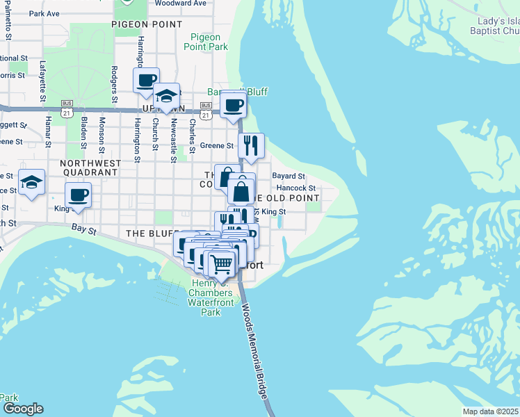 map of restaurants, bars, coffee shops, grocery stores, and more near 601 New Street in Beaufort
