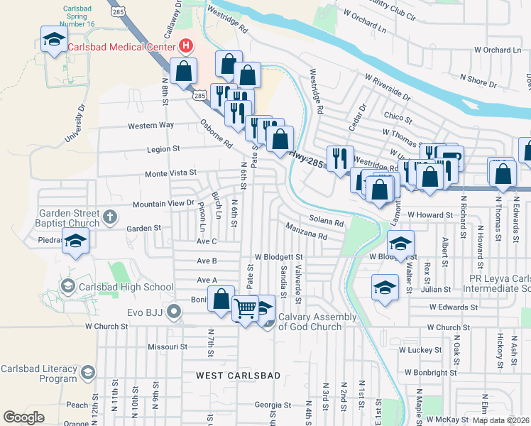 map of restaurants, bars, coffee shops, grocery stores, and more near 1025 Alamosa Street in Carlsbad