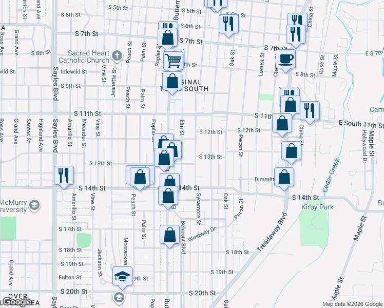 map of restaurants, bars, coffee shops, grocery stores, and more near 1250 Sycamore St in Abilene