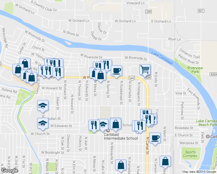 map of restaurants, bars, coffee shops, grocery stores, and more near 1042 North Spring Street in Carlsbad