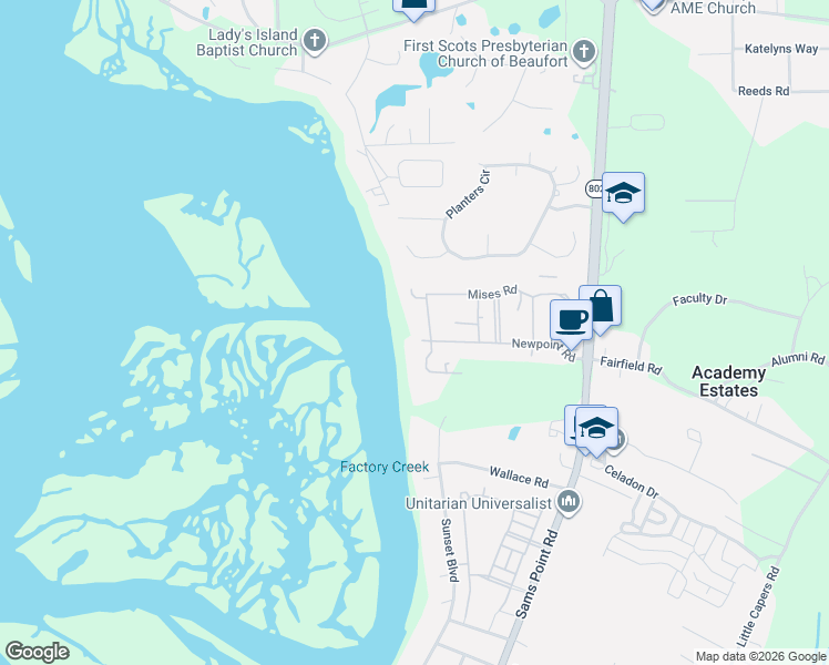 map of restaurants, bars, coffee shops, grocery stores, and more near 3 Waterside Drive in Beaufort