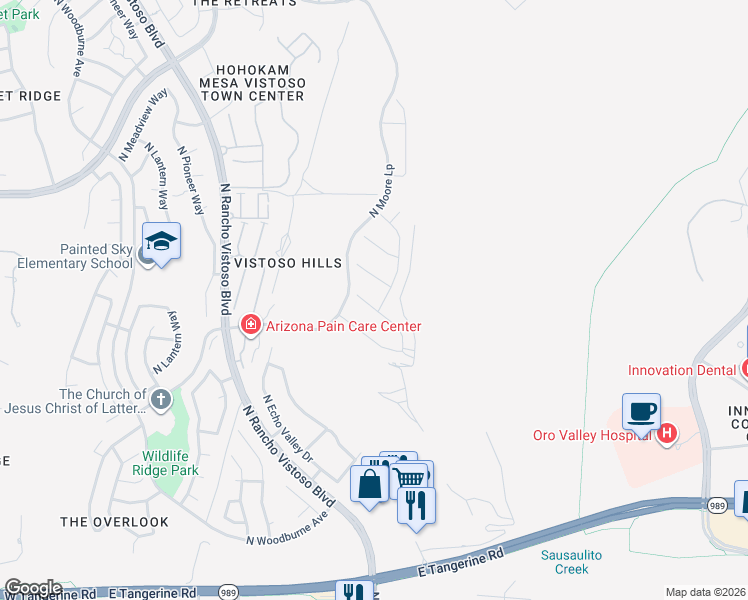 map of restaurants, bars, coffee shops, grocery stores, and more near 739 E Barun Valley Place in Oro Valley